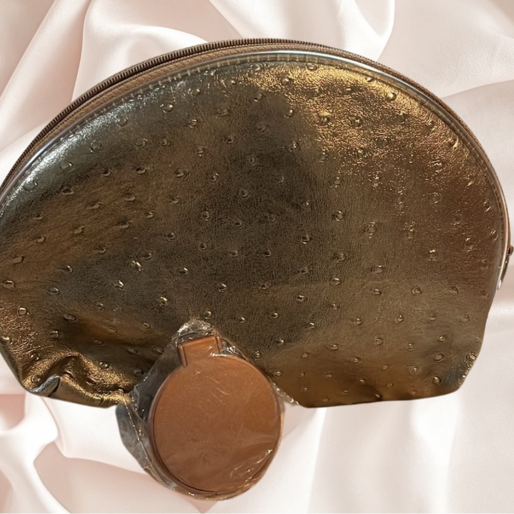 Vintage Fashion Fair Metallic Gold Ostrich Cosmetic Bag & Compact Set
